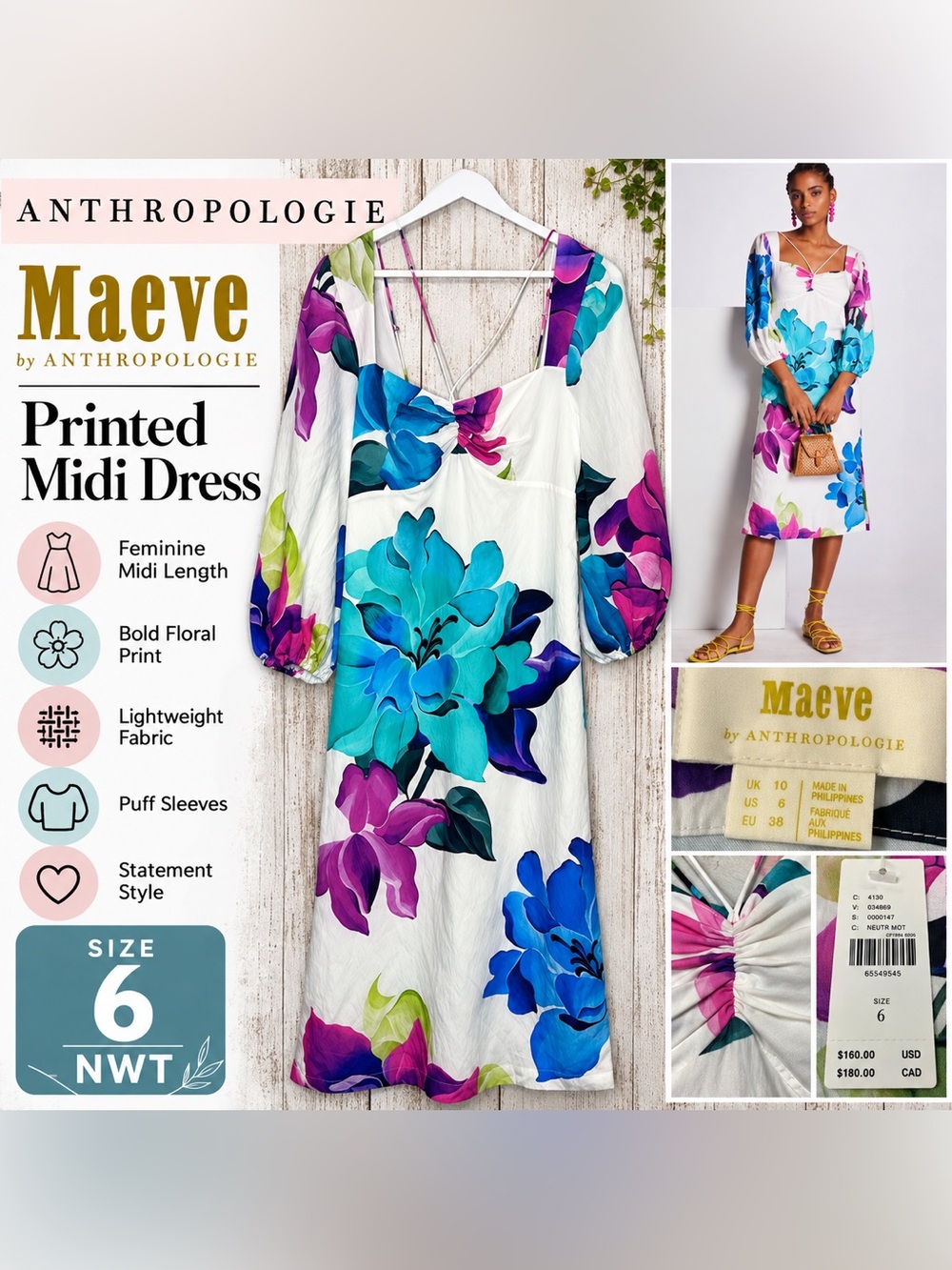 Anthropologie Maeve Printed Floral Midi Dress Size 6 NWT